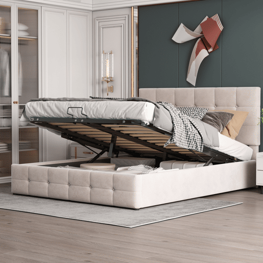 Cama estofada com arrumação - 140x200cm - tecido aveludado - cabeceira regulável com desenho de blocos - Creme
