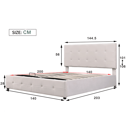 Cama estofada com arrumação - 140x200cm - tecido aveludado - cabeceira regulável com desenho de blocos - Creme