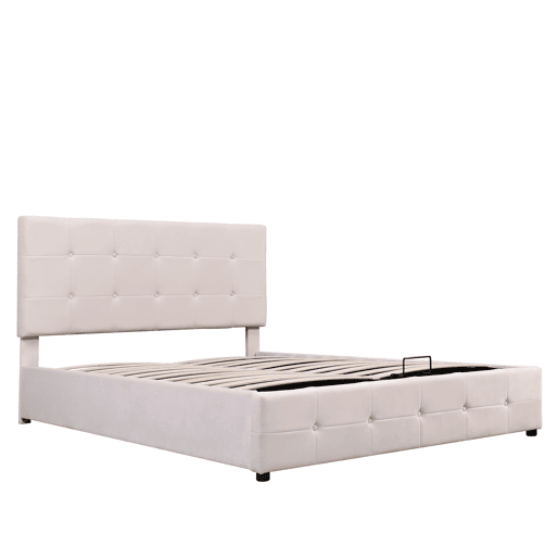 Cama estofada com arrumação - 140x200cm - tecido aveludado - cabeceira regulável com desenho de blocos - Creme