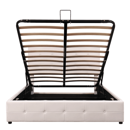 Cama estofada com arrumação - 140x200cm - tecido aveludado - cabeceira regulável com desenho de blocos - Creme