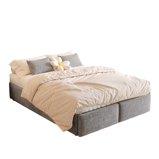 Cama de casal estofada 140x200cm sem cabeceira - com 2 gavetas - Tecido de linho - Cinzento
