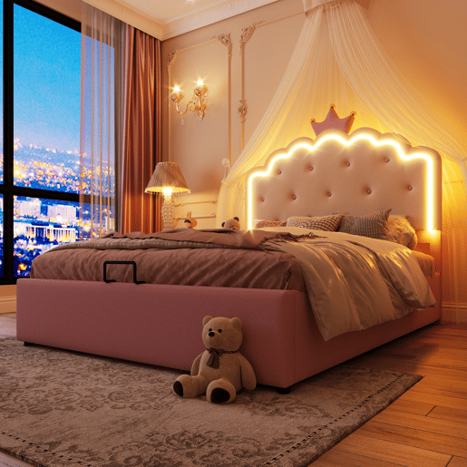 Cama contentora estofada 140x200 cm em imitação de pele - com LED e estrado de ripas - Rosa