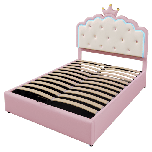 Cama contentora estofada 140x200 cm em imitação de pele - com LED e estrado de ripas - Rosa