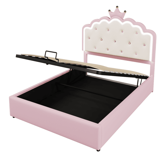 Cama contentora estofada 140x200 cm em imitação de pele - com LED e estrado de ripas - Rosa
