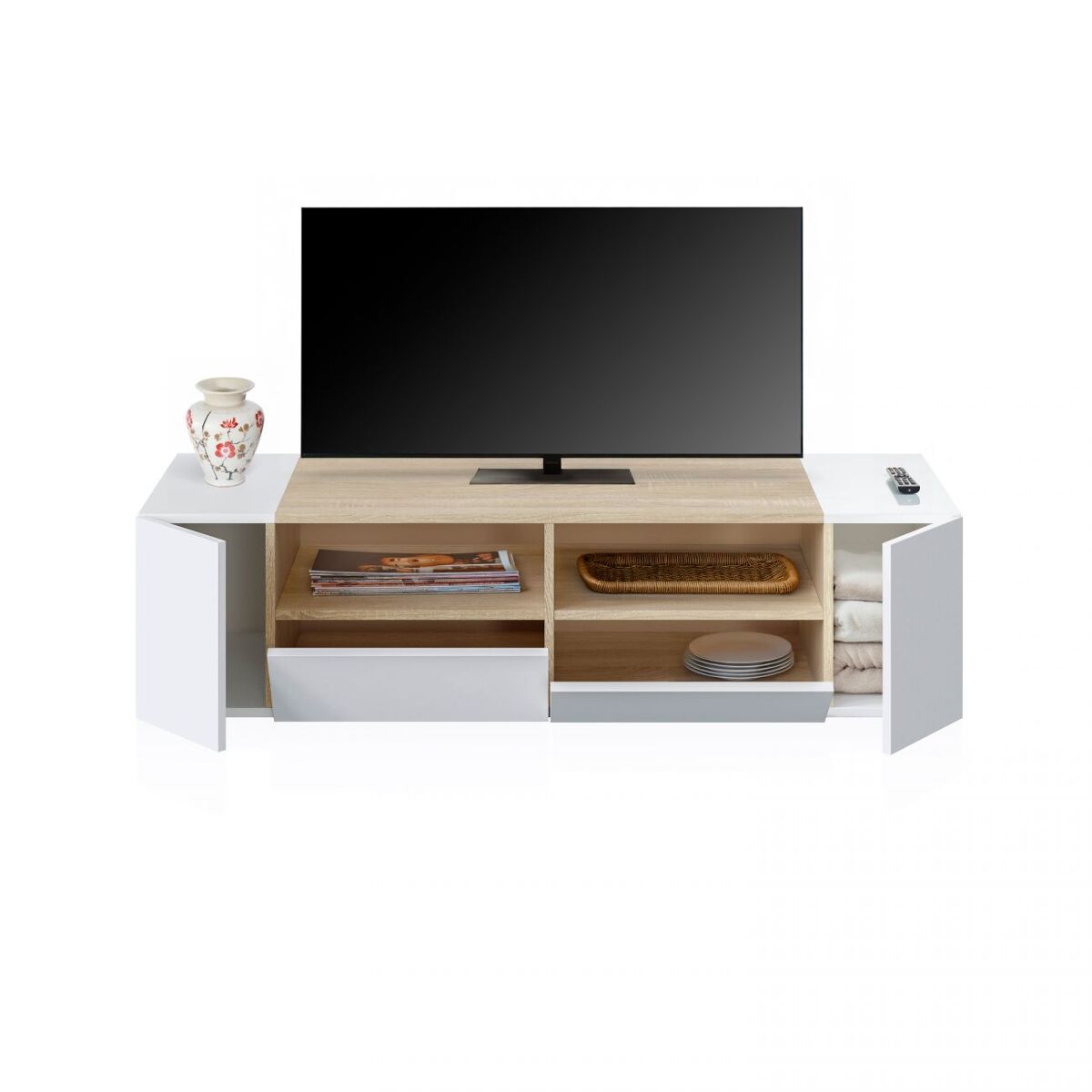 HOGAR24 ES Mueble TV 130 Cm - Organiza Tu Salón Con Estilo Blanco Y Roble Canadian, Almacenaje Para Dispositivos Electrónicos