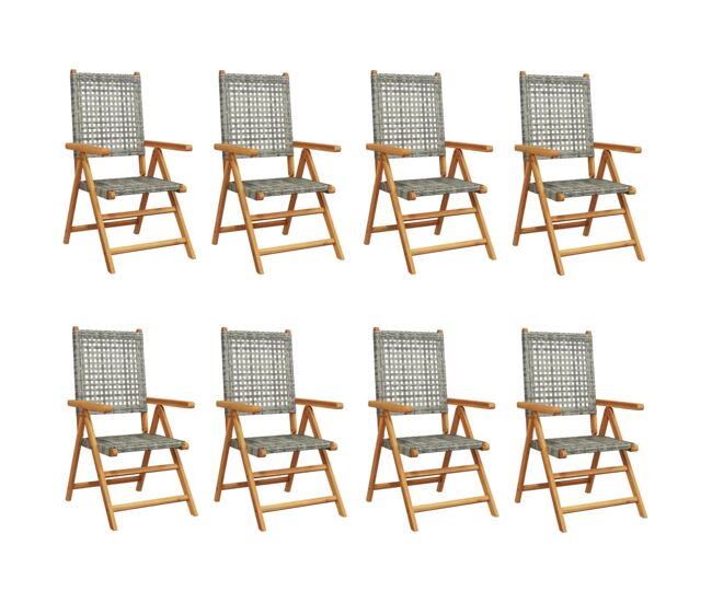 Vidaxl sillas de jardín reclinables 8 uds ratán pe madera maciza gris
