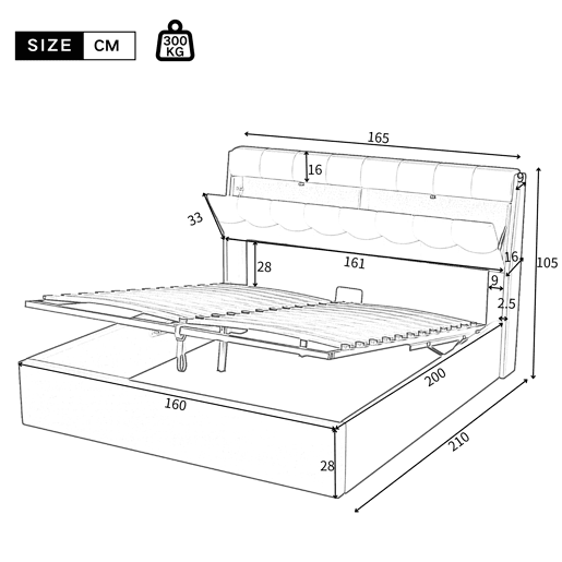 Cama de couro sintético 160x200 cm com mola de caixa - branco - Cabeceira com mola de caixa - Branco
