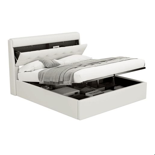 Cama de couro sintético 160x200 cm com mola de caixa - branco - Cabeceira com mola de caixa - Branco