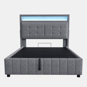 Cama de linho com arrumação estofada - 140x200 cm - com LED + tomada USB + estrado - Cinzento