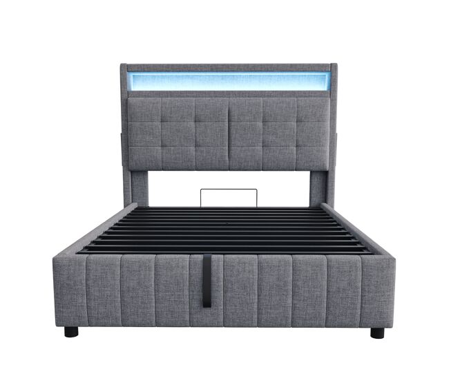 Cama con almacenaje acolchado de lino - 140x200 cm - con led + toma usb + somier - gris