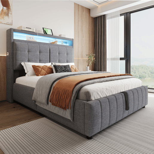 Cama de linho com arrumação estofada - 140x200 cm - com LED + tomada USB + estrado - Cinzento