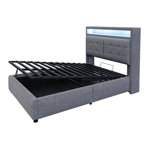 Cama de linho com arrumação estofada - 140x200 cm - com LED + tomada USB + estrado - Cinzento
