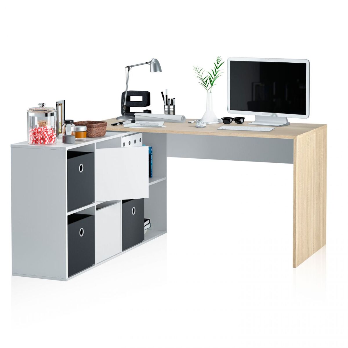 Mesa de escritorio multiposición en blanco mate y roble canadian 136x139 cm move blanco artik (blanco mate) - roble canadian 203 x 74 x 66 cm