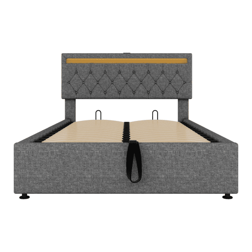 Cama estofada 140x200 cm - luz LED, elevável, USB e arrumação - cinzento Cama estofada 140x200 cm - luz LED, elevável, USB e arrumação - cinzento
