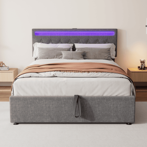 Cama estofada 140x200 cm - luz LED, elevável, USB e arrumação - cinzento Cama estofada 140x200 cm - luz LED, elevável, USB e arrumação - cinzento