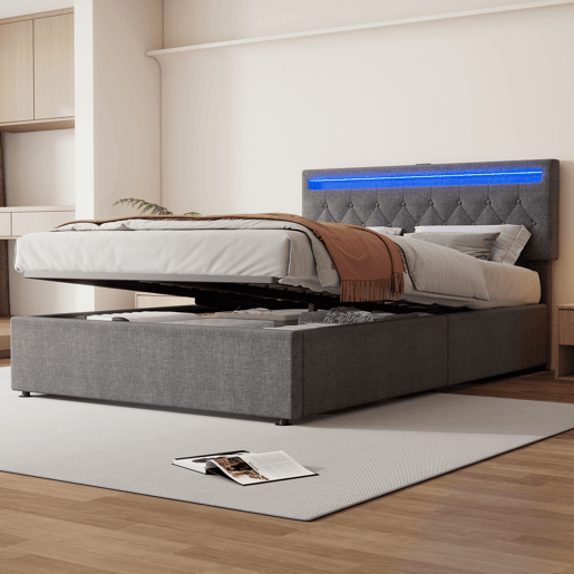 Cama estofada 140x200 cm - luz LED, elevável, USB e arrumação - cinzento Cama estofada 140x200 cm - luz LED, elevável, USB e arrumação - cinzento
