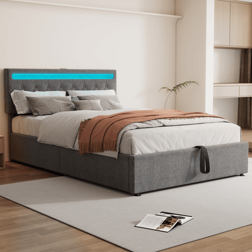Cama estofada 140x200 cm - luz LED, elevável, USB e arrumação - cinzento Cama estofada 140x200 cm - luz LED, elevável, USB e arrumação - cinzento