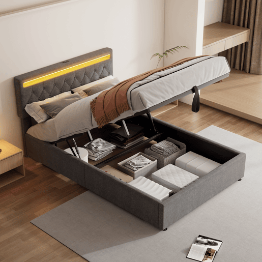 Cama estofada 140x200 cm - luz LED, elevável, USB e arrumação - cinzento Cama estofada 140x200 cm - luz LED, elevável, USB e arrumação - cinzento