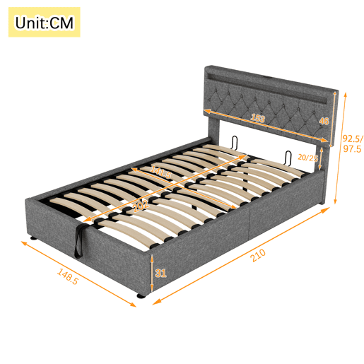 Cama estofada 140x200 cm - luz LED, elevável, USB e arrumação - cinzento Cama estofada 140x200 cm - luz LED, elevável, USB e arrumação - cinzento