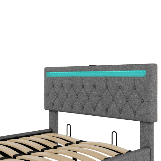 Cama estofada 140x200 cm - luz LED, elevável, USB e arrumação - cinzento Cama estofada 140x200 cm - luz LED, elevável, USB e arrumação - cinzento