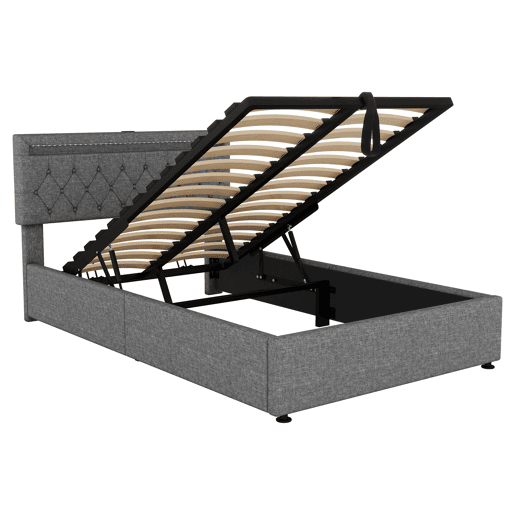 Cama estofada 140x200 cm - luz LED, elevável, USB e arrumação - cinzento Cama estofada 140x200 cm - luz LED, elevável, USB e arrumação - cinzento