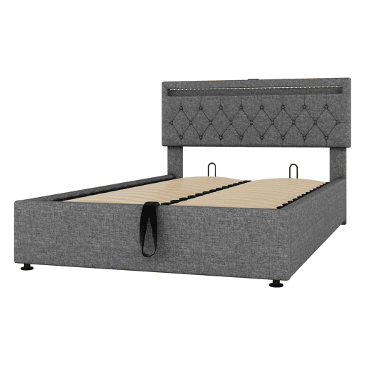 Cama estofada 140x200 cm - luz LED, elevável, USB e arrumação - cinzento Cama estofada 140x200 cm - luz LED, elevável, USB e arrumação - cinzento