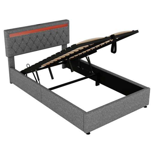 Cama estofada 140x200 cm - luz LED, elevável, USB e arrumação - cinzento Cama estofada 140x200 cm - luz LED, elevável, USB e arrumação - cinzento