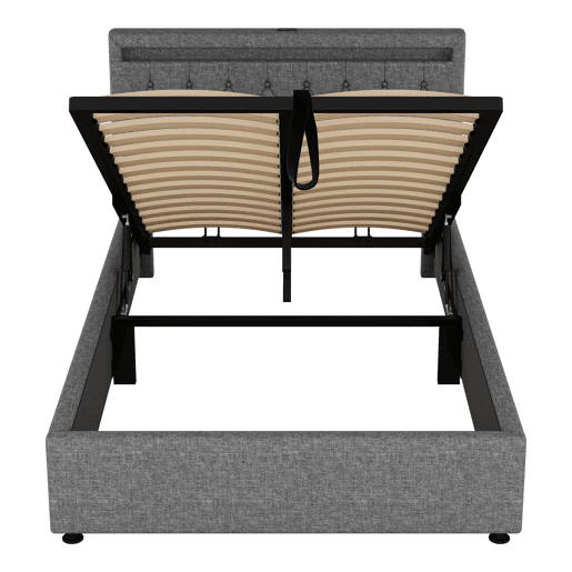 Cama estofada 140x200 cm - luz LED, elevável, USB e arrumação - cinzento Cama estofada 140x200 cm - luz LED, elevável, USB e arrumação - cinzento
