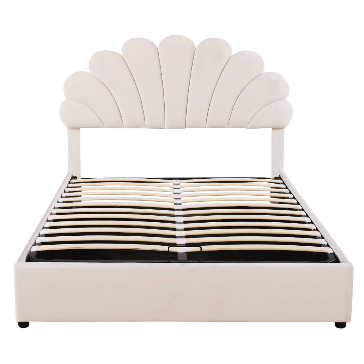 Cama con almacenaje acolchada de terciopelo - 140x200 cm - cabecero en forma de flor - con somier de láminas - beige