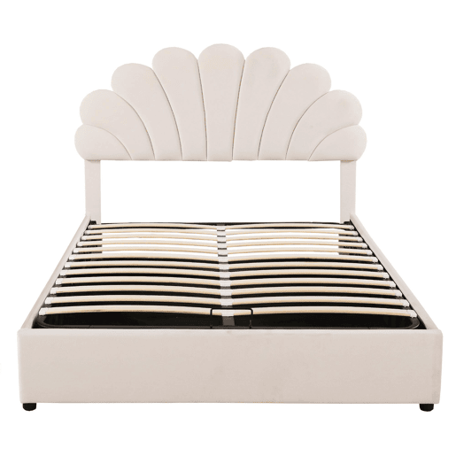 Cama com arrumação estofada em veludo - 140x200 cm - cabeceira em forma de flor - com estrado de ripas - Bege