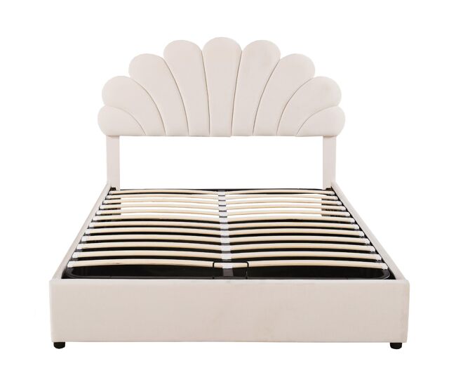 Cama con almacenaje acolchada de terciopelo - 140x200 cm - cabecero en forma de flor - con somier de láminas - beige