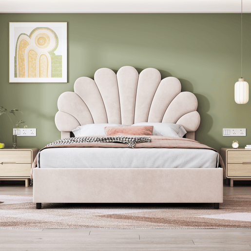 Cama com arrumação estofada em veludo - 140x200 cm - cabeceira em forma de flor - com estrado de ripas - Bege