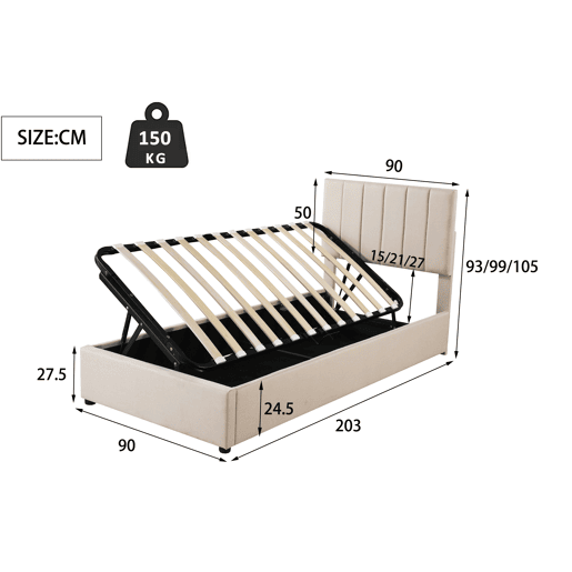 Cama estofada em linho com arrumação - 90x200 cm - Bege