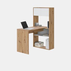Mesa de escritório multiposição com prateleira 112 x 50 cm Dess Artik Branco (Branco mate) - Carvalho Nodi 108 x 140 x 70 cm