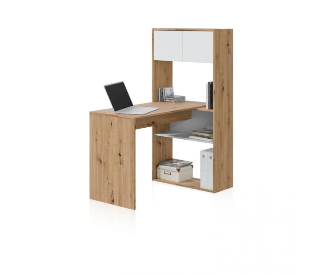 Mesa de escritorio multiposición con estantería en blanco artik y roble nodi 112x50 cm dess blanco artik (blanco mate) - roble nodi 108 x 140 x 70 cm