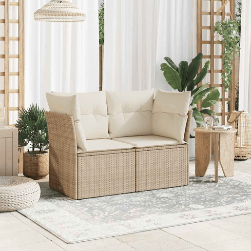 vidaXL Sofá de jardim de 2 lugares com almofadões vime PE bege