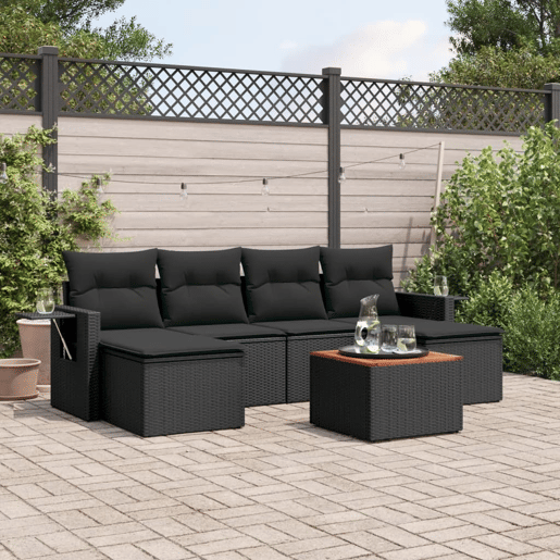 vidaXL 7 pcs conjunto de sofás p jardim c almofadões vime PE preto vidaXL 7 pcs conjunto de sofás p jardim c almofadões vime PE preto
