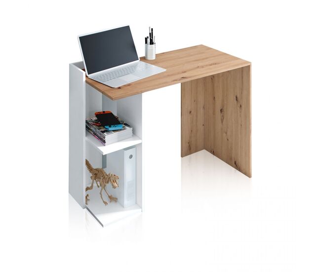 Mesa de escritorio con estantería baja lateral en blanco mate y roble nodi 100x50 cm dess blanco artik (blanco mate) - roble nodi 100 x 73 x 50 cm