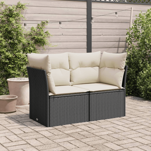 vidaXL Sofá de jardim com almofadões 2 lugares vime PE preto