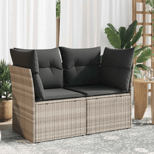 vidaXL Sofá jardim de 2 lugares com almofadões vime PE cinzento claro
