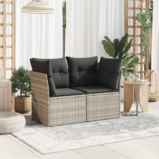 vidaXL Sofá jardim de 2 lugares com almofadões vime PE cinzento claro