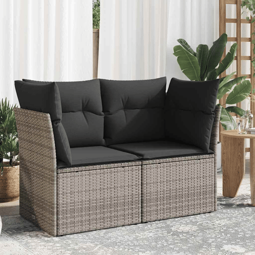vidaXL Sofá de jardim de 2 lugares com almofadões vime PE cinzento vidaXL Sofá de jardim de 2 lugares com almofadões vime PE cinzento