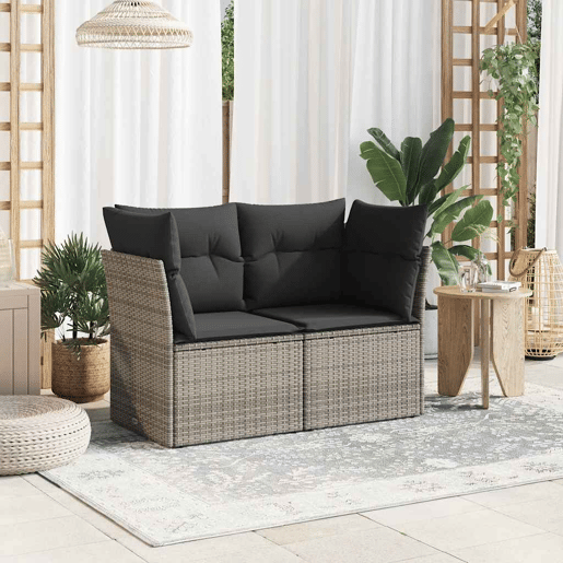 vidaXL Sofá de jardim de 2 lugares com almofadões vime PE cinzento vidaXL Sofá de jardim de 2 lugares com almofadões vime PE cinzento