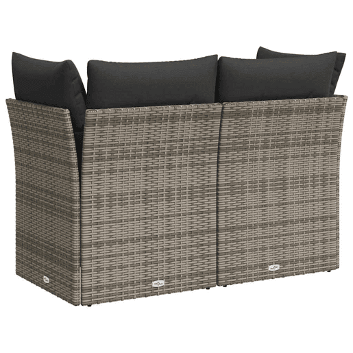 vidaXL Sofá de jardim de 2 lugares com almofadões vime PE cinzento vidaXL Sofá de jardim de 2 lugares com almofadões vime PE cinzento