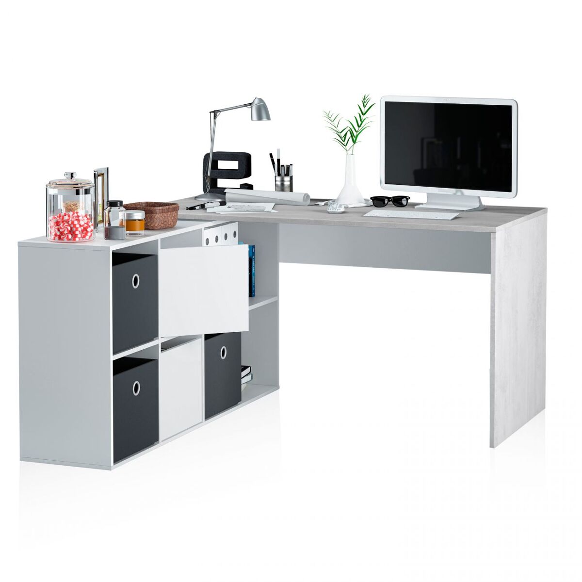 Mesa de escritorio multiposición en blanco mate y gris cemento 136x139 cm move blanco artik (blanco mate) - gris cemento 203 x 74 x 66 cm