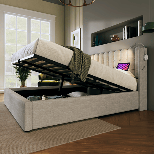 Cama contentora estofada com LED e portas de carregamento USB - 140x200cm - tecido de linho - com estrado de molas - Bege