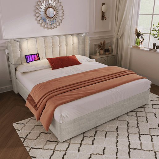 Cama contentora estofada com LED e portas de carregamento USB - 140x200cm - tecido de linho - com estrado de molas - Bege