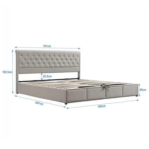 Cama contentora estofada em linho - decorada com rebites - com estrado de ripas - 180x200cm - Cinzento claro