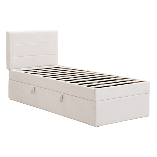 Cama articulada com estrado de ripas - 90x200 cm - tecido de linho - Bege