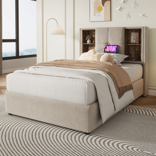 Sofá-cama estofado 90x200 cm - com cabeceira para arrumação e carregamento sem fios - tecido de linho - Bege